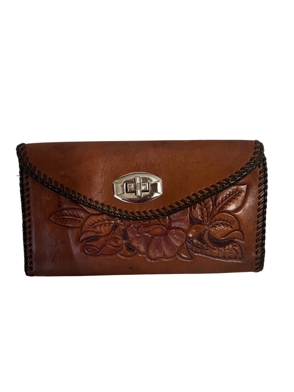 VINTAGE BROWN LEATHER HAND TOOLED WESTERN CHECKBOOK WALLET CLUTCH